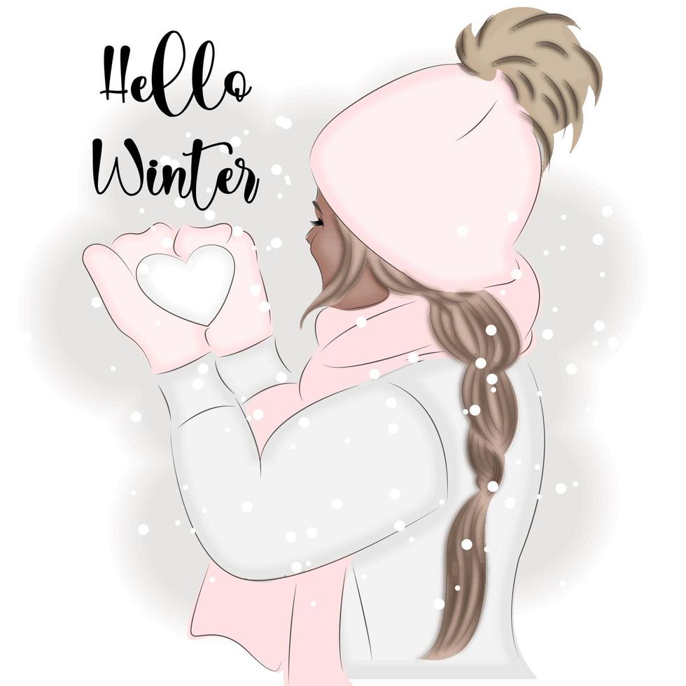 chica de invierno sosteniendo una bola de nieve, ilustración vectorial de moda vector