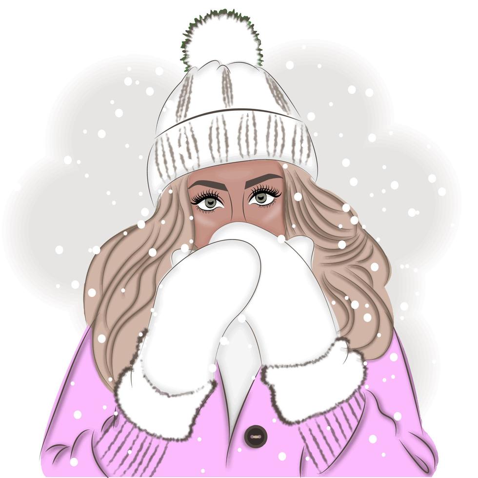 invierno, niña en mitones nieve, ilustración vectorial de moda vector