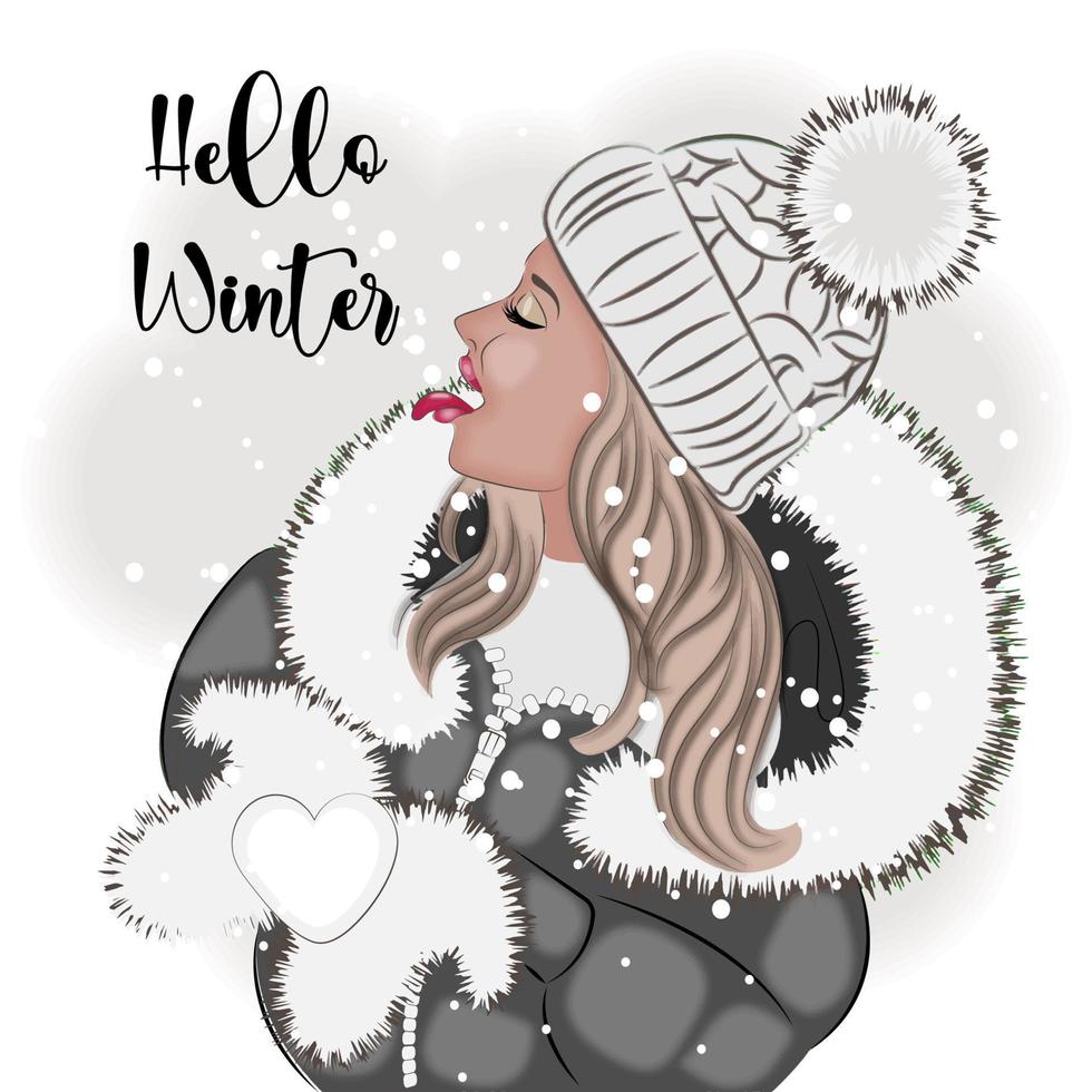 chica de invierno sosteniendo una bola de nieve, ilustración vectorial de moda vector