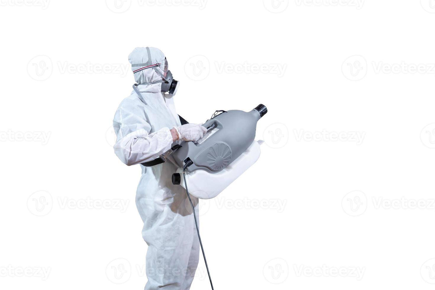 Specific specialist and professional in virus protection suit holds machine to spray sanitizer liquid solution to kill Coronavirus COVID19  isolated on white clear background. Clipping Path. photo