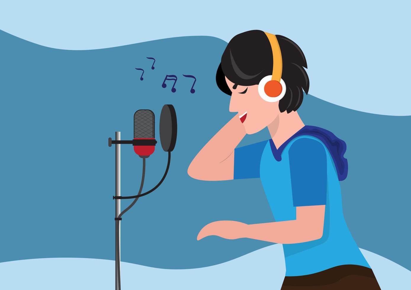 Man singing through the microphone Record a song in a sound studio. radio host singer artist vector illustration design