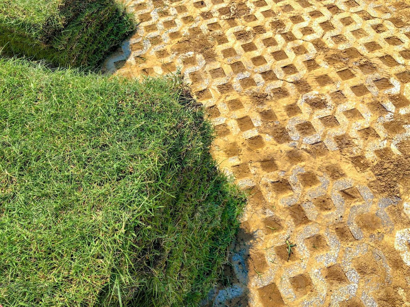 gray color stone brick block floor tile with green grass and sand as background or texture. photo