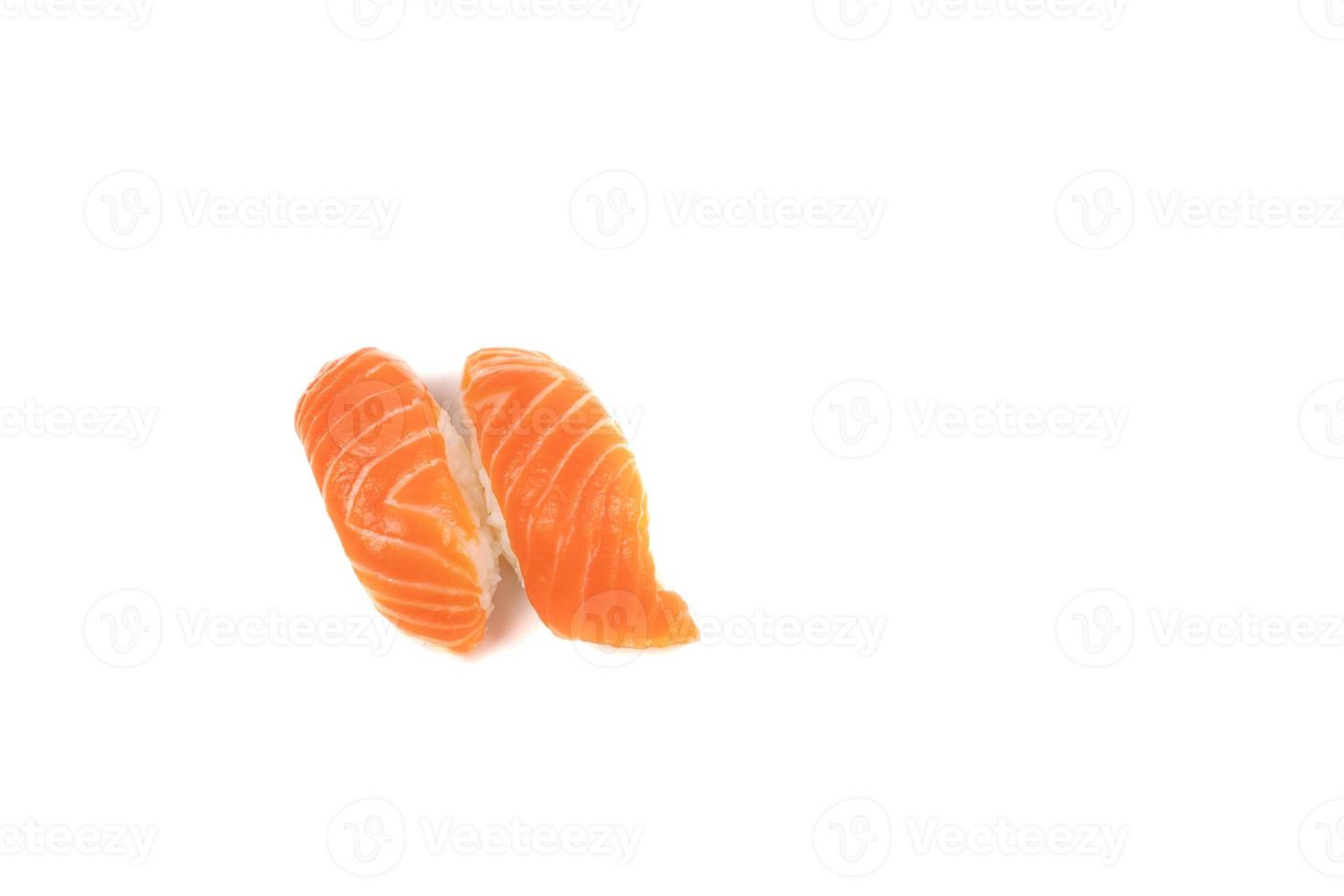 Sushi Salmon, The Japanese traditional food rice ball with fresh salmon fish slice on top. On white clear background with studio light. Clipping path. photo