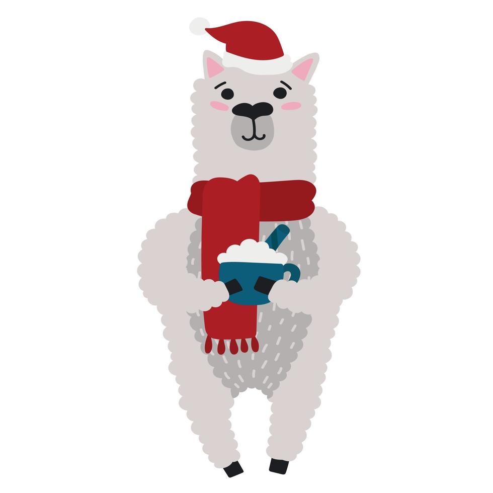 Christmas alpaca in a scarf with cocoa for postcards vector