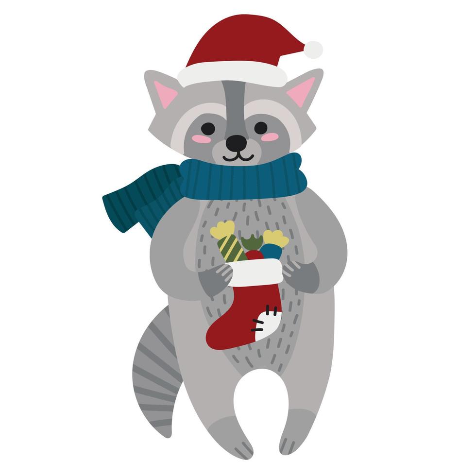 mapache navideño en una bufanda con un calcetín navideño lleno de dulces para tarjetas vector
