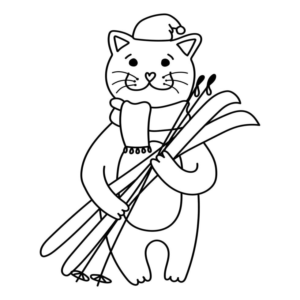 Christmas ginger cat with skis for postcard vector