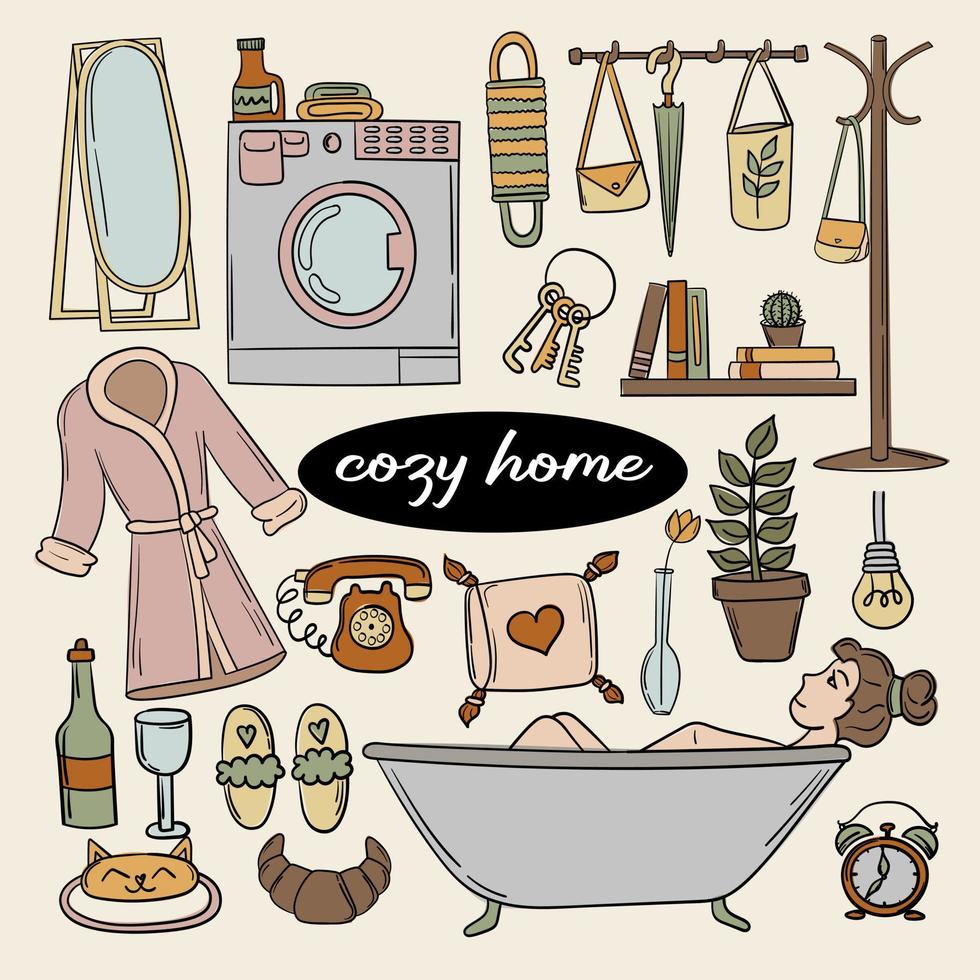 Cute set of cozy home doodles stickers vector