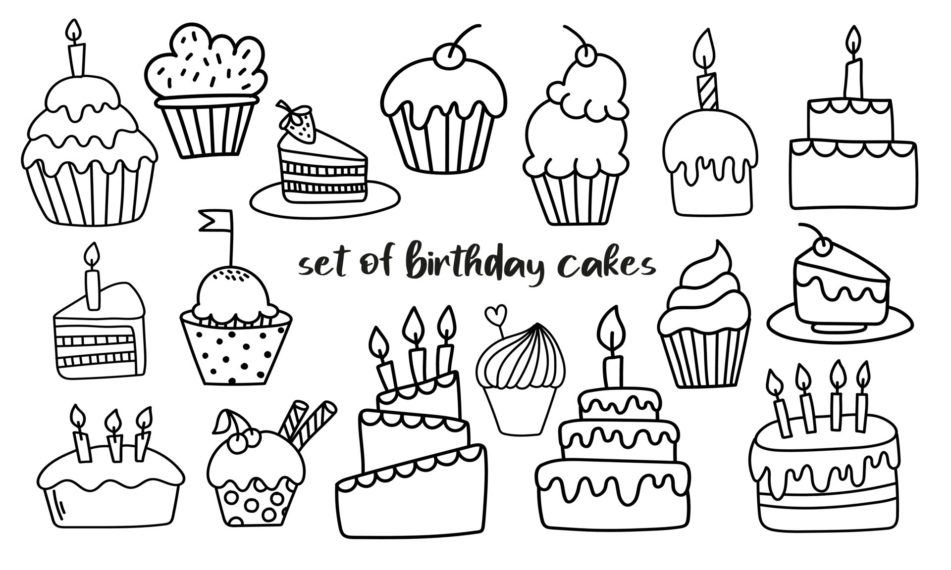 Doodle set with birthday cakes and pastries 11059474 Vector Art at Vecteezy