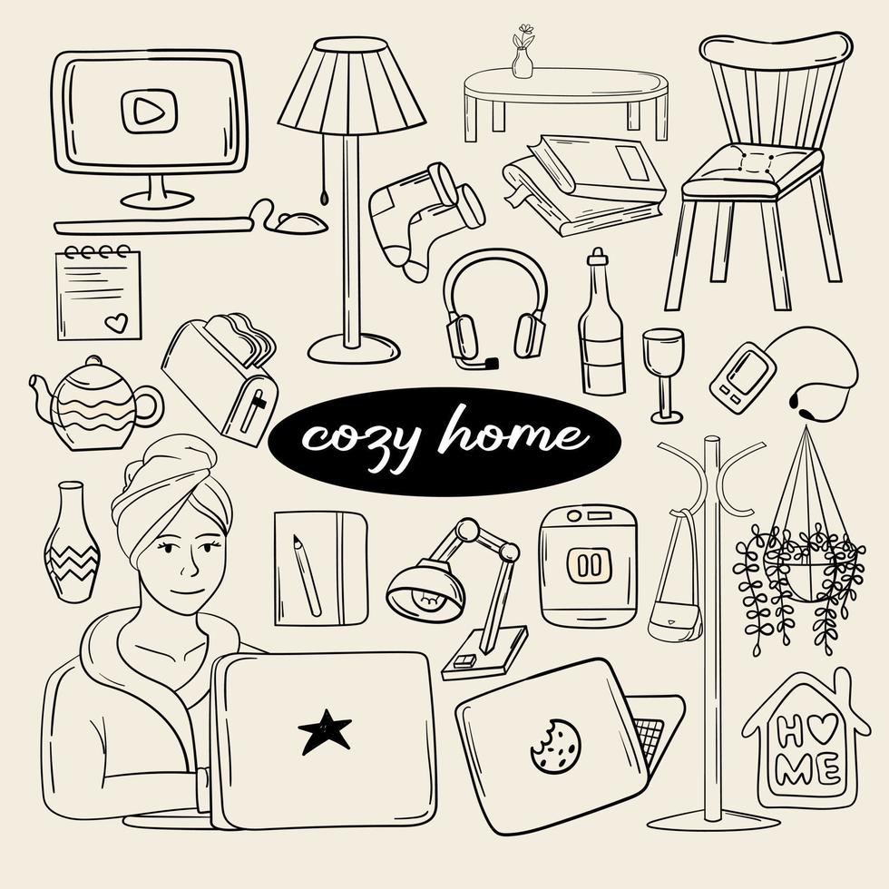 Cute set of cozy home doodles stickers vector