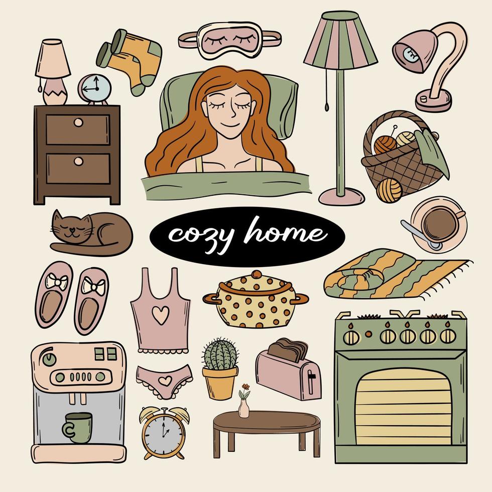 Cute set of cozy home doodles stickers vector