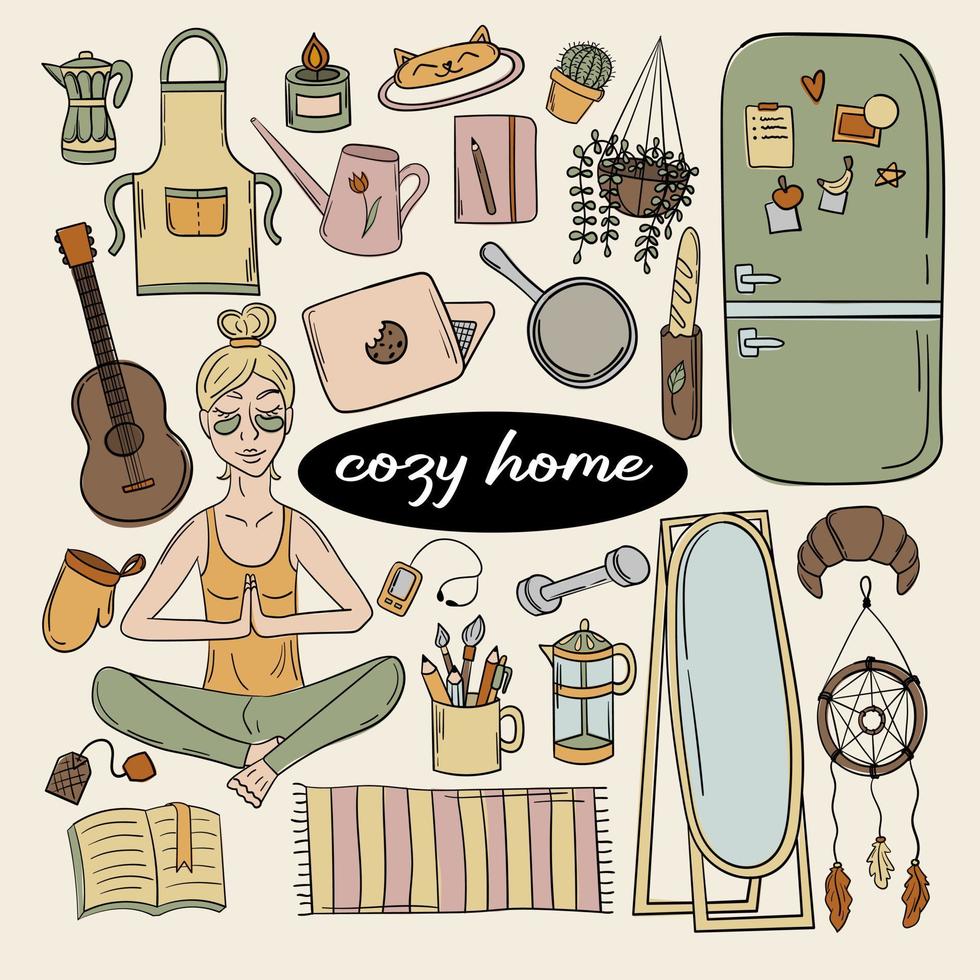 Cute set of cozy home doodles stickers vector