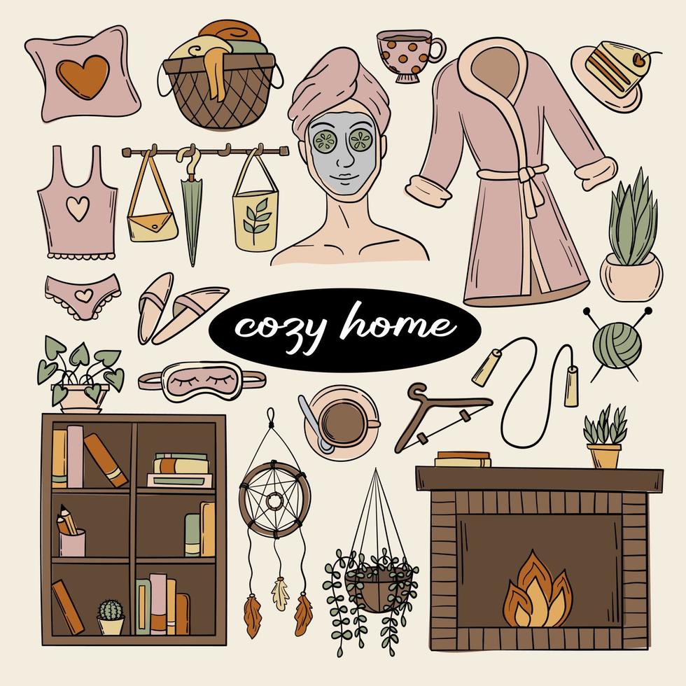 Cute set of cozy home doodles stickers vector