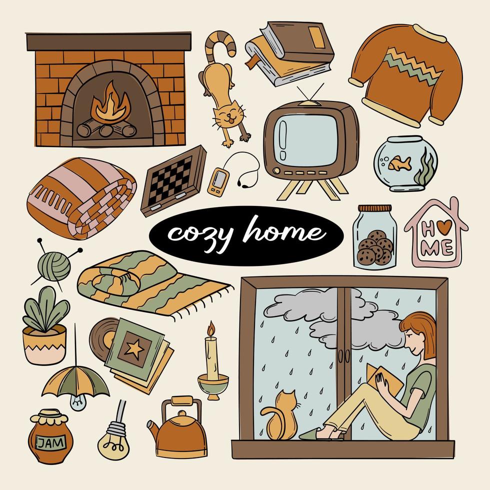 Cute set of cozy home doodles stickers vector