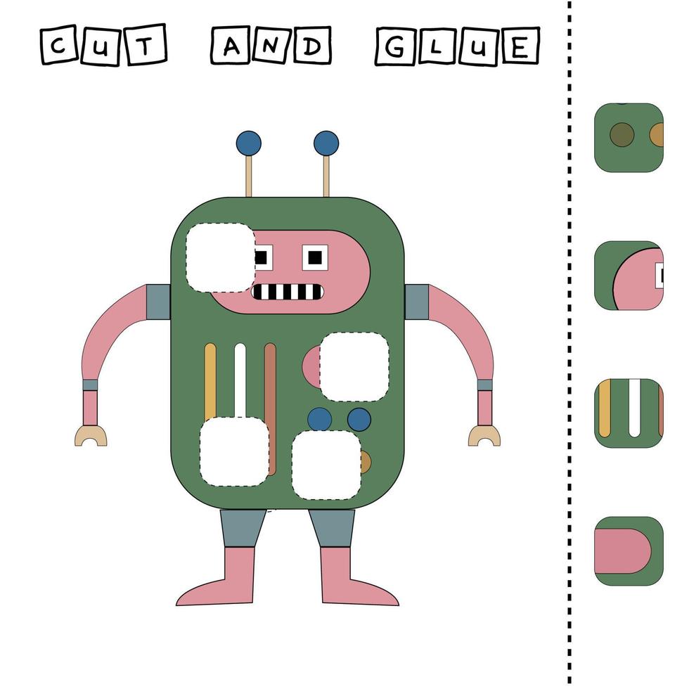 worksheet vector design, the task is to cut and glue a piece on robot.  Logic game for children.
