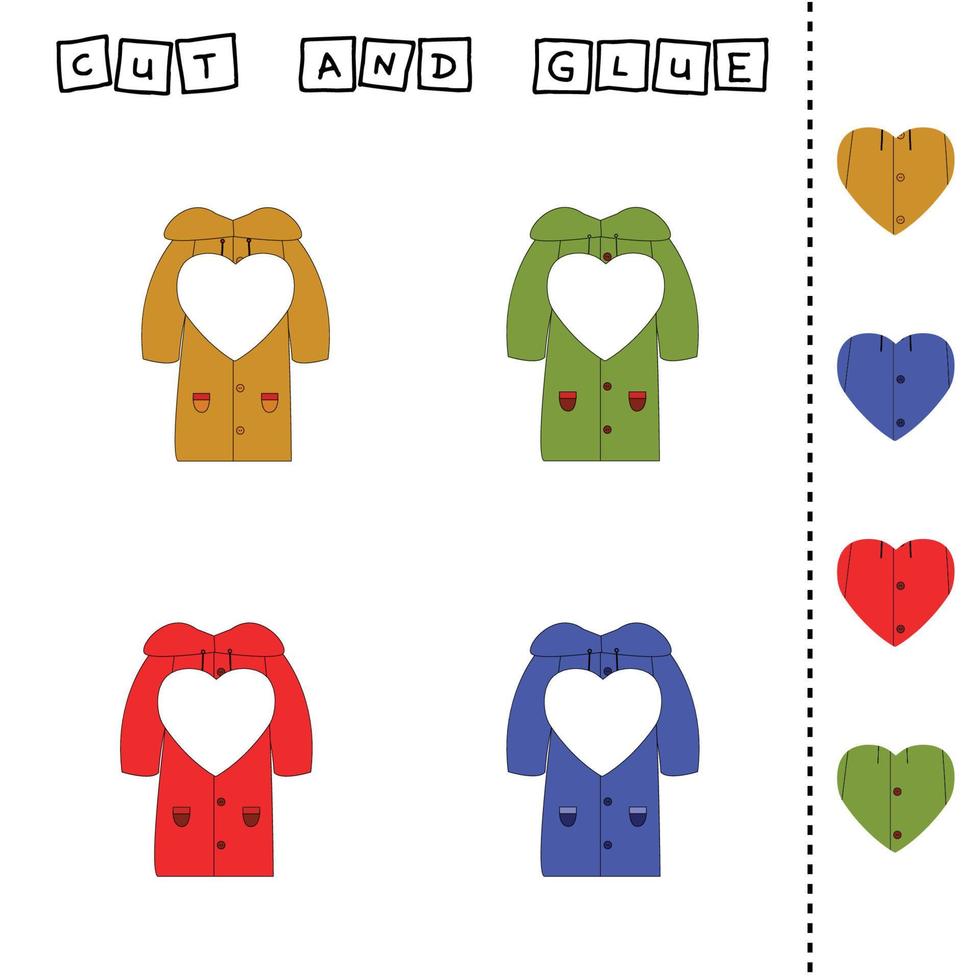worksheet vector design, the task is to cut and glue a piece on   colorful  raincoats.  Logic game for children.