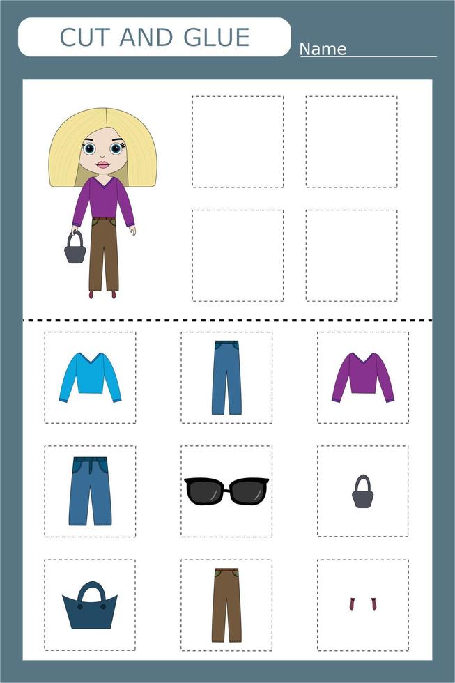 Cut out the pictures of the clothes and glue the ones that match the pattern. Fun game for kids and kids vector