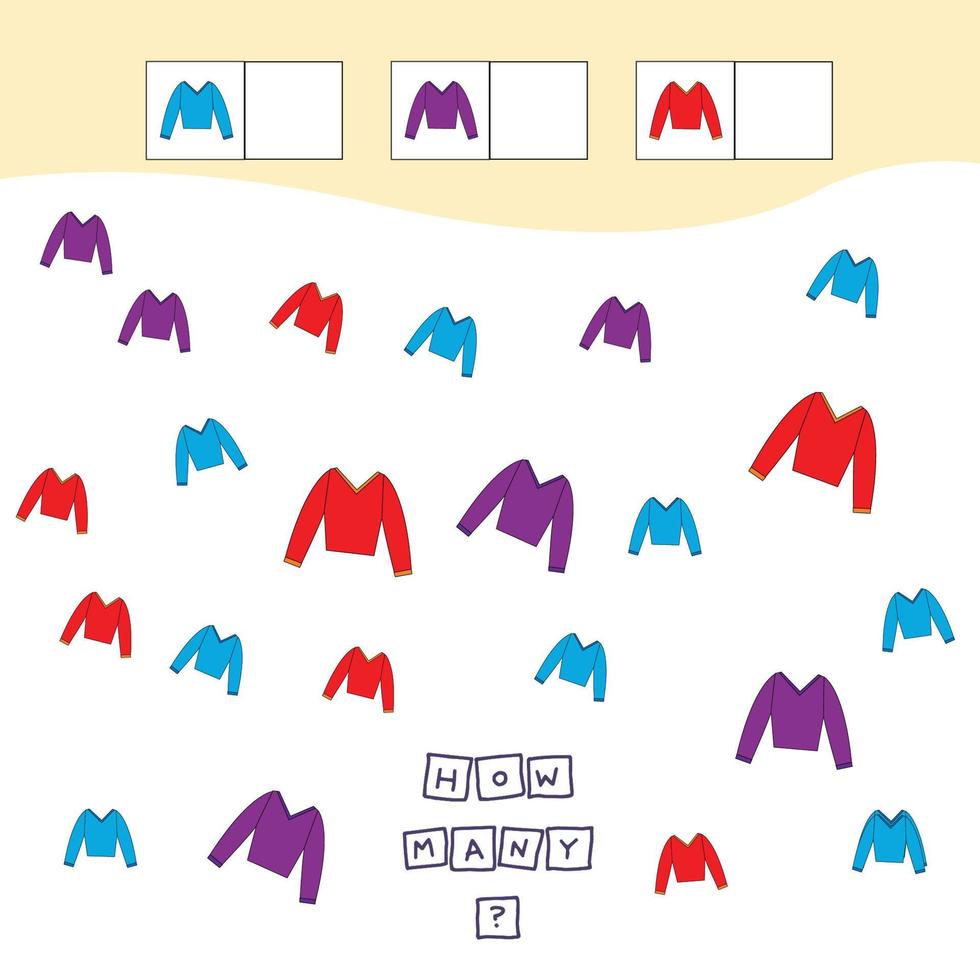 How many counting game with colorful longsleeves. Worksheet for preschool kids, kids activity sheet, printable worksheet vector