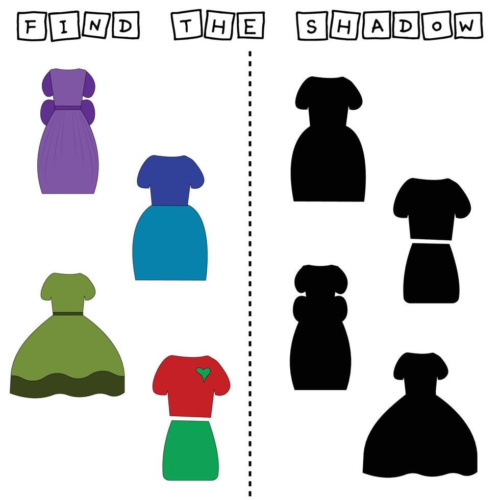 Colorful clothes for kids. Find the correct shadow. Educational game for children. vector