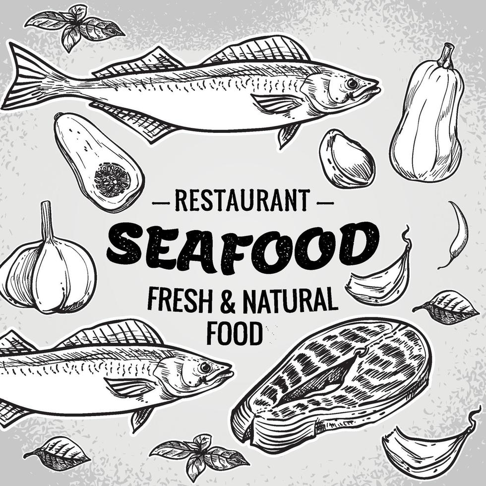 Vector set. Seafood Restaurant with fresh and natural food Seafood fish Illustration vintage style. Templates for designing sea shops, restaurants, and markets.