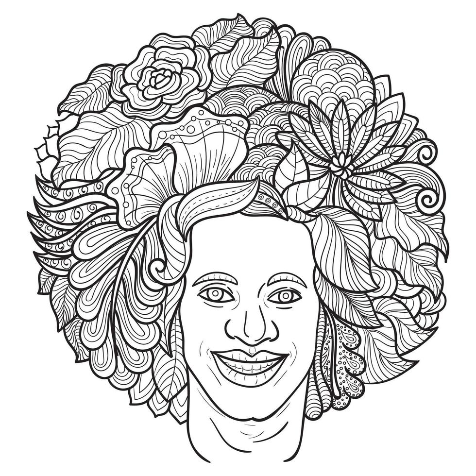 peinado decorativo de chica vectora con flores, hojas en el pelo al estilo garabato. naturaleza, ornamentada, ilustración floral. fondo monocromático en blanco y negro. Página de libro para colorear dibujada a mano zentangle vector