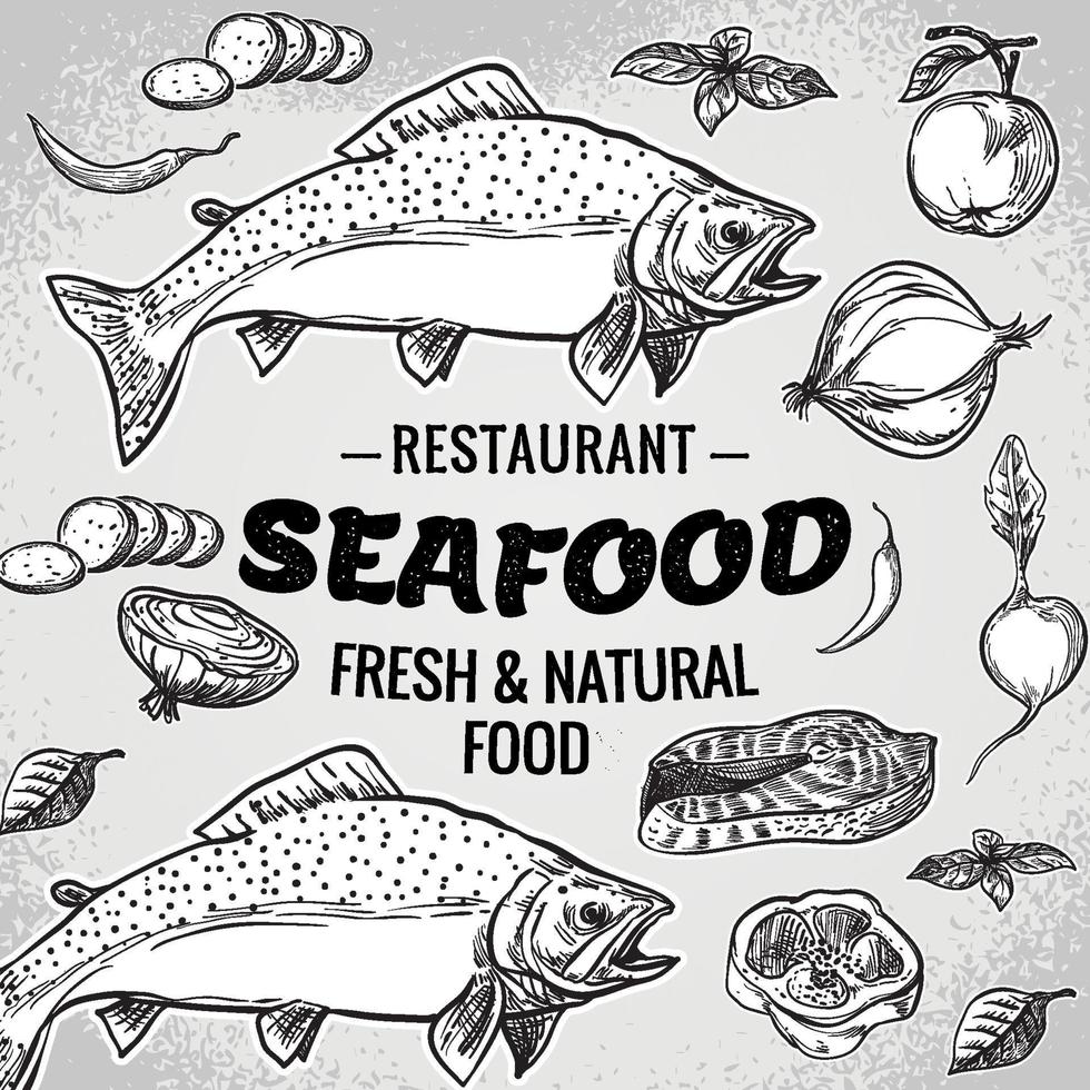 Vector set. Seafood Restaurant with fresh and natural food Seafood fish Illustration vintage style. Templates for designing sea shops, restaurants, and markets.