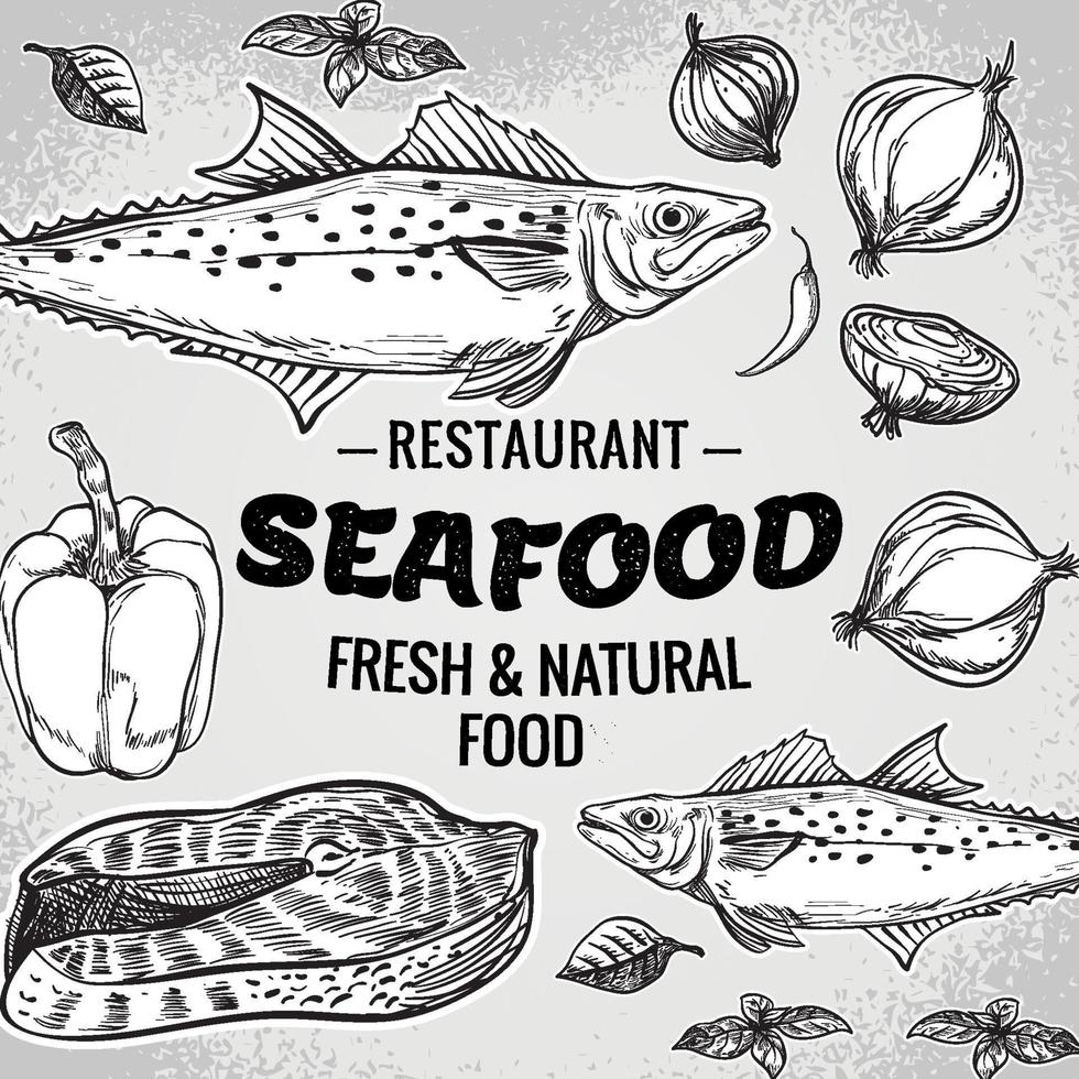 Seafood fish, onion isolated graphic black ink on a white background a set. Vintage engraving illustration art. Vector. Food and restaurant design. vector