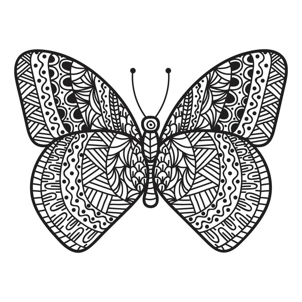 imagen vectorial en blanco y negro de una mariposa sobre fondo blanco. mariposa dibujada a mano estilo zentangle para diseño de camiseta o tatuaje. vector