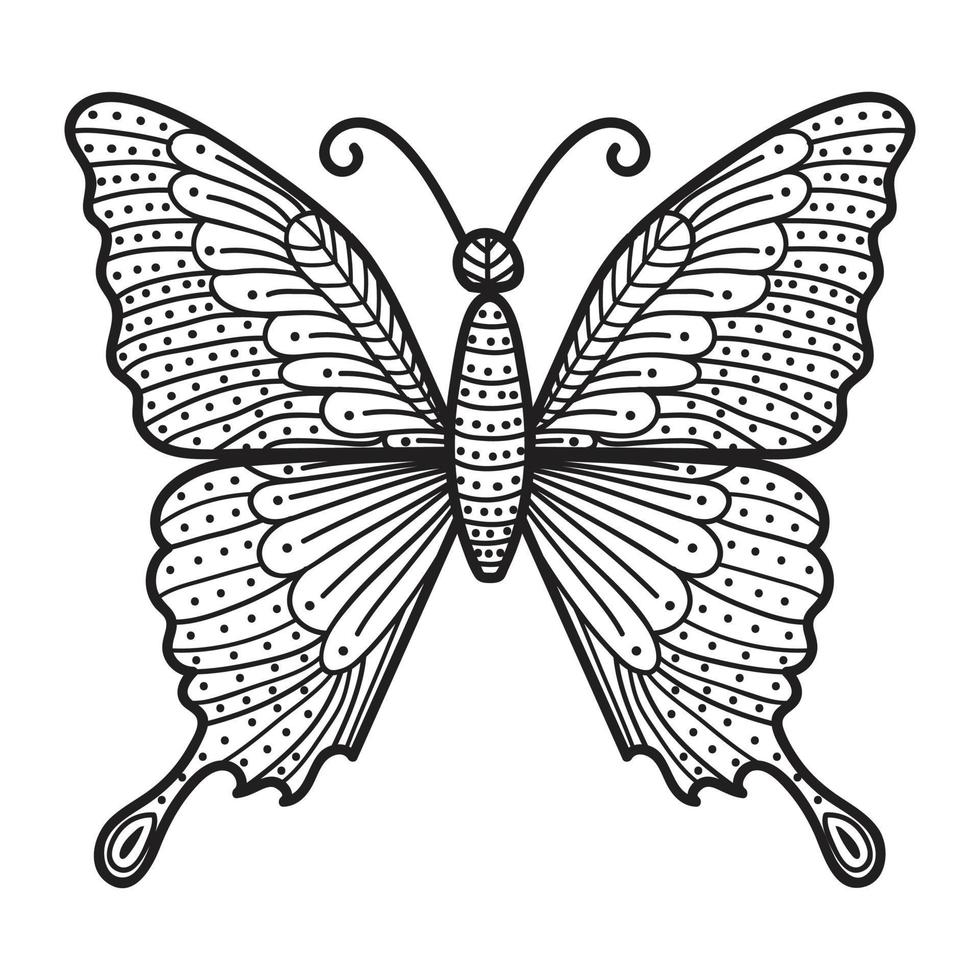 Vector black and white image of a butterfly on white background. Hand drawn butterfly zentangle style for t-shirt design or tattoo.