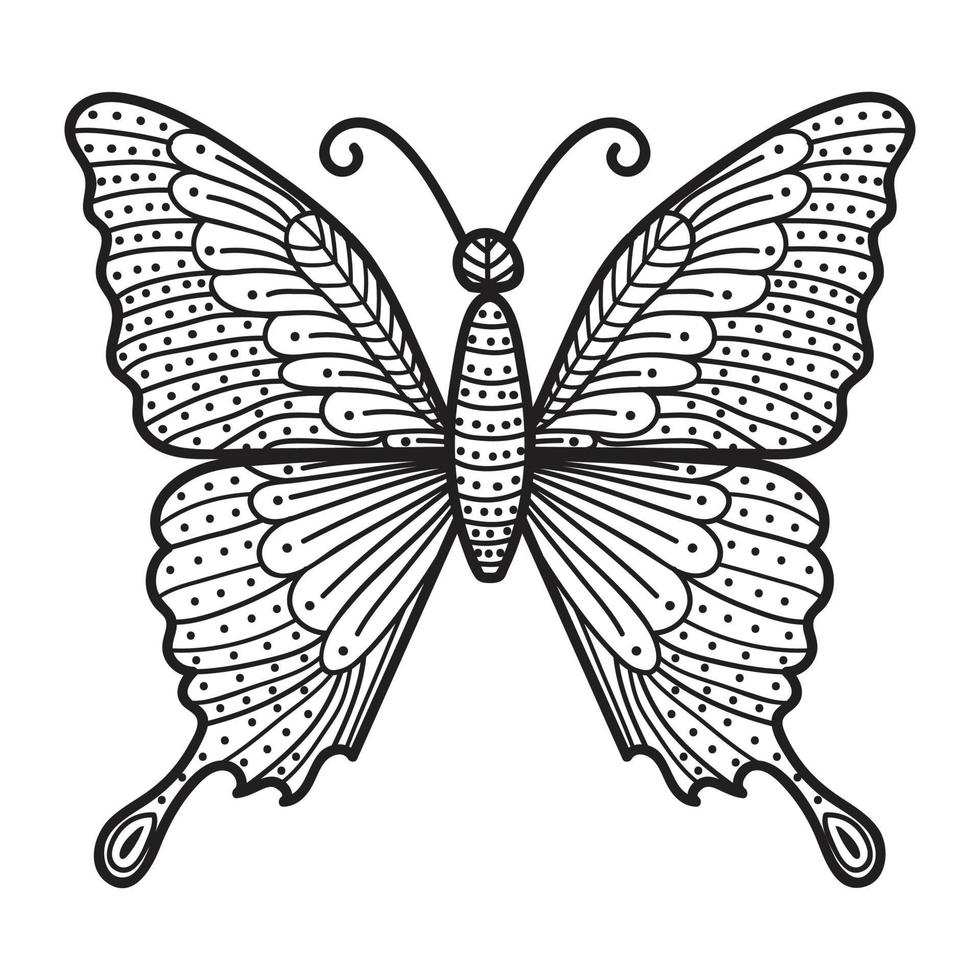 imagen vectorial en blanco y negro de una mariposa sobre fondo blanco. mariposa dibujada a mano estilo zentangle para diseño de camiseta o tatuaje. vector