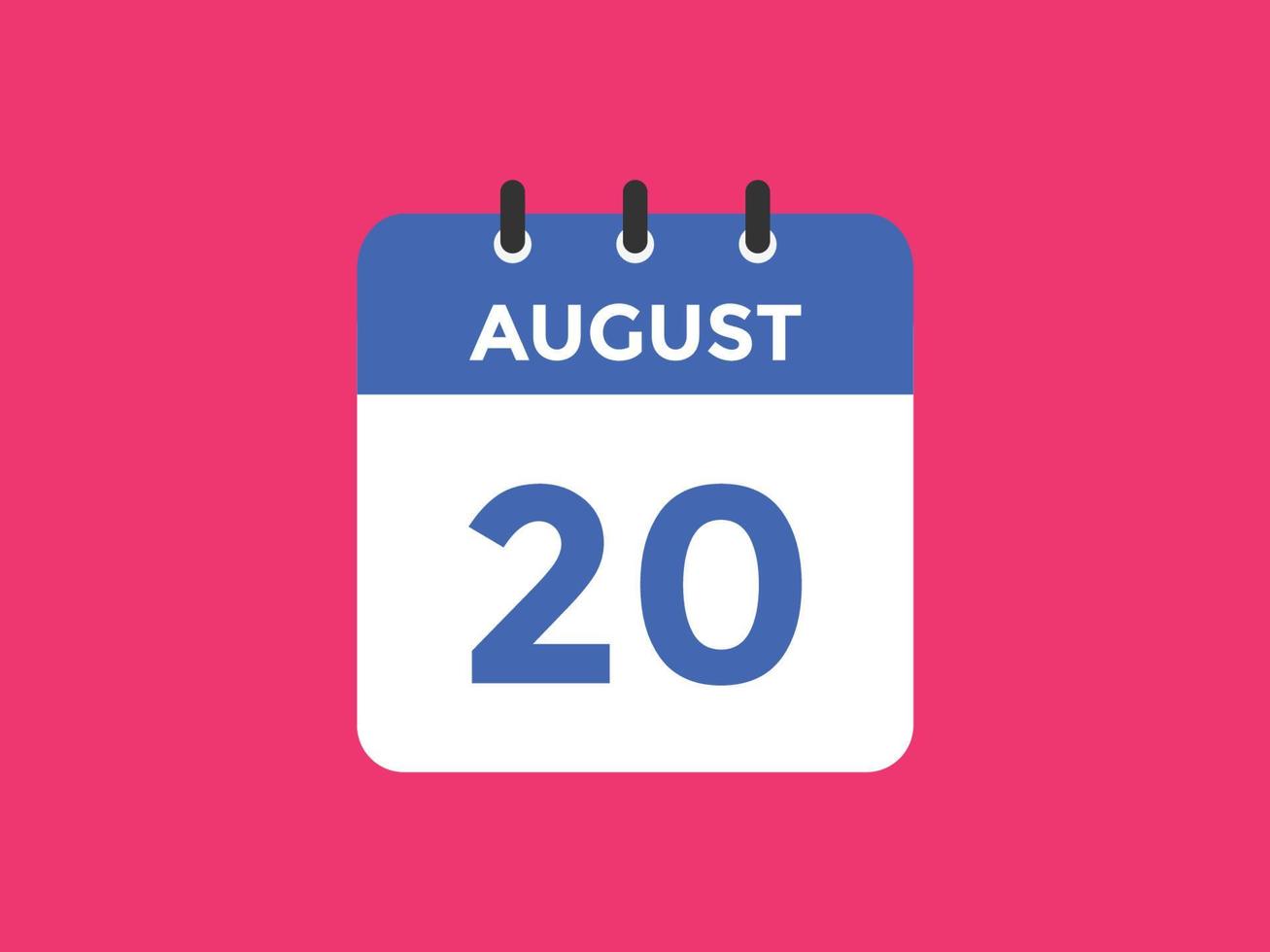 august 20 calendar reminder. 20th august daily calendar icon template. Calendar 20th august icon Design template. Vector illustration