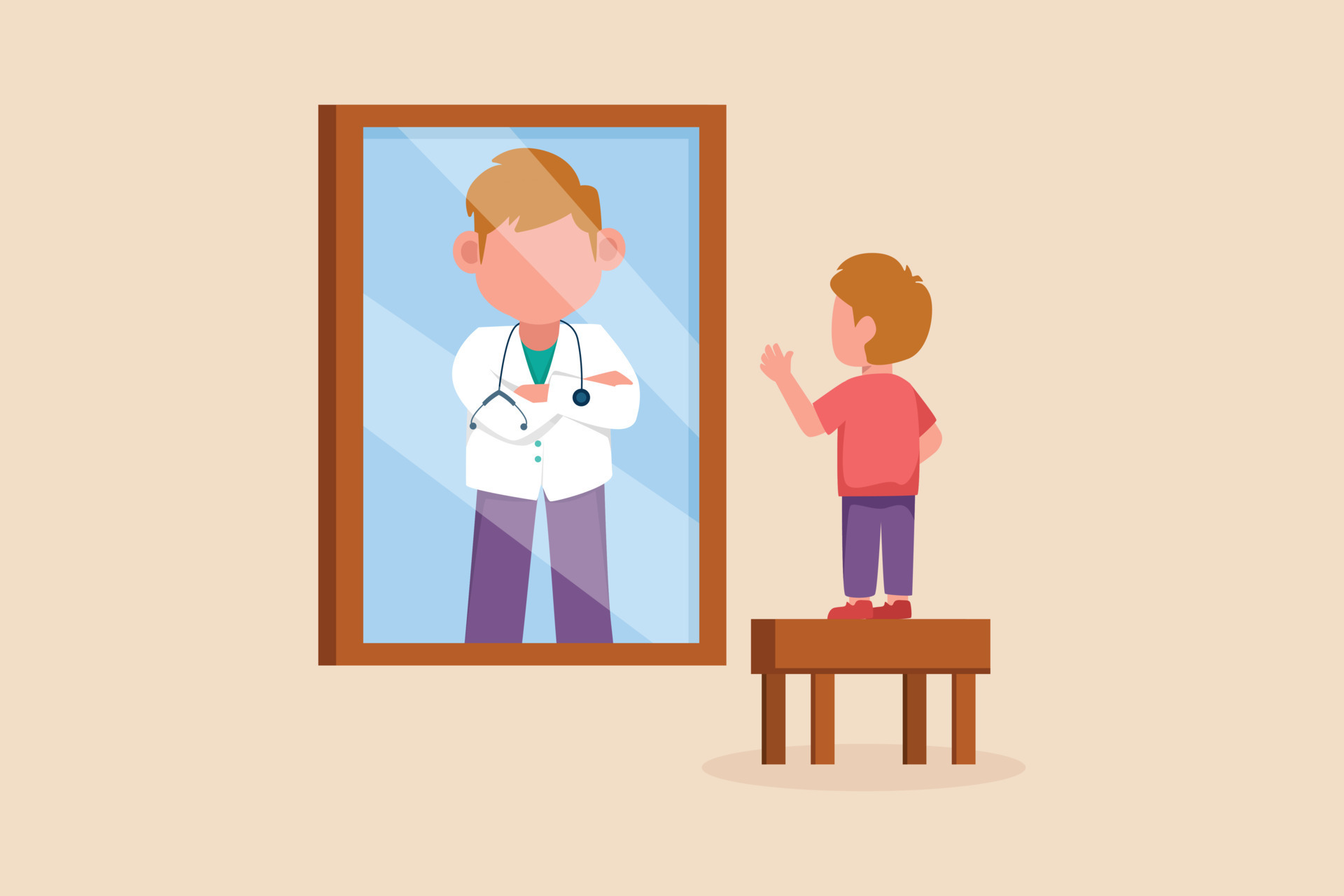 Little Boy imagining himself grown up a doctor looking at mirror reflection.  Kid dreaming concept. Vector Illustration. 11060231 Vector Art at Vecteezy