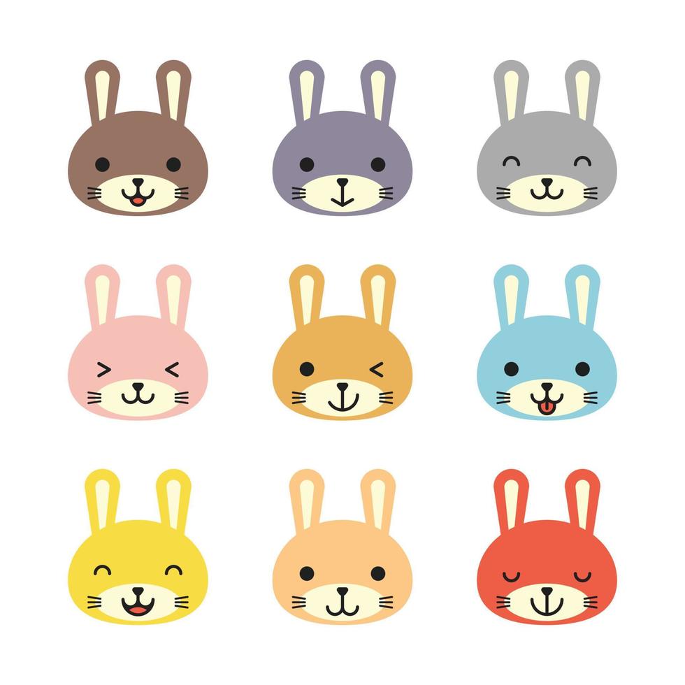 Set of various avatars of bunny facial expressions. Adorable cute baby animal head vector illustration. Simple flat design of happy smiling animal cartoon face emoticon. Colorful, white background.