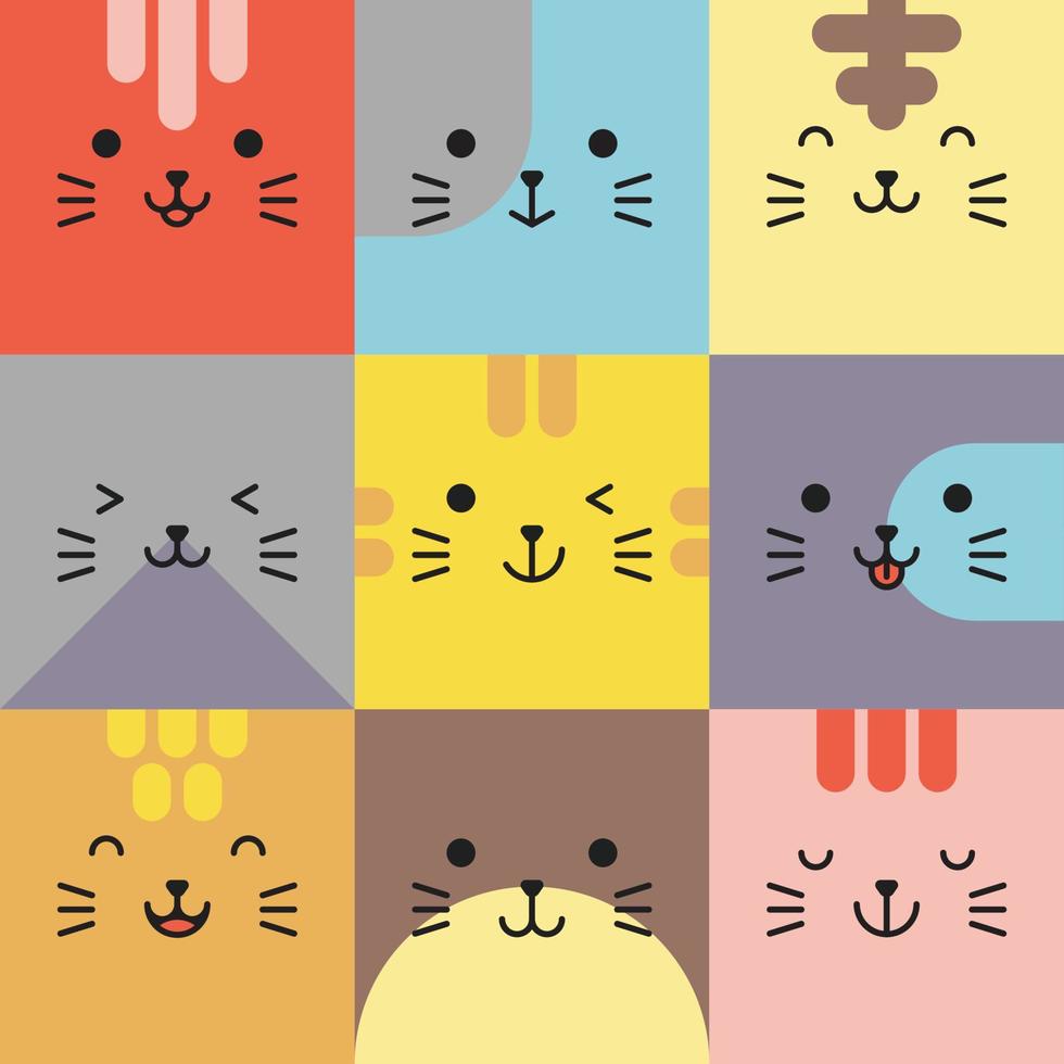 conjunto de varios avatares de expresiones faciales de gatos. adorable lindo bebé animal cabeza vector ilustración. diseño simple de emoticono de cara de dibujos animados de animales sonrientes felices. gráficos y fondos coloridos.