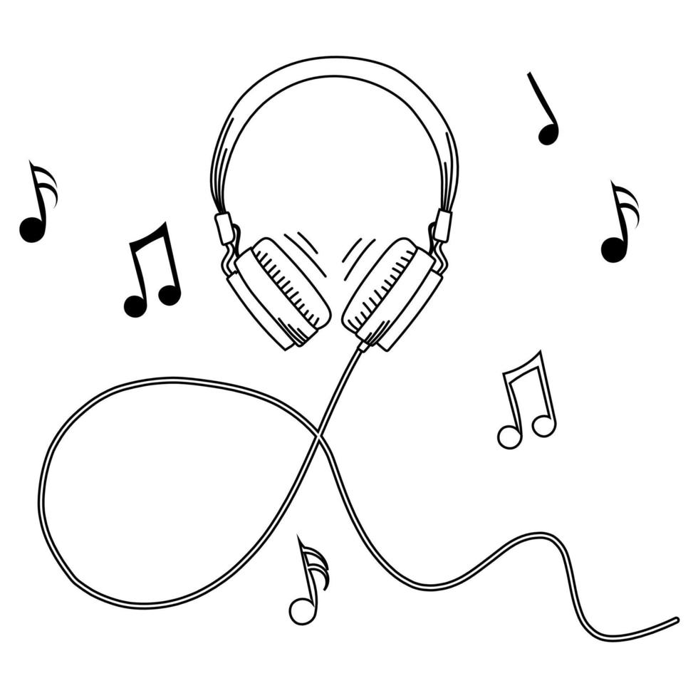ilustración de fideos vectoriales de auriculares de música con cable en la cabeza sobre un fondo blanco. notas vector