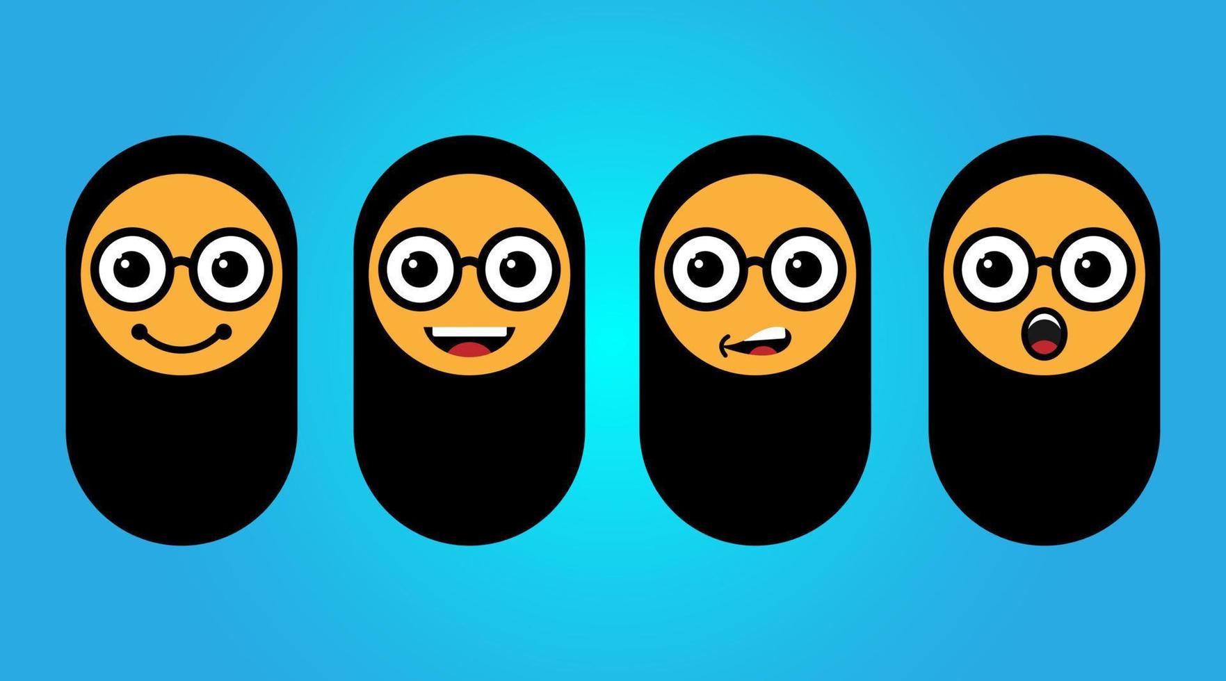 Set of muslim girl expressions in hijab icons. Facial expressions young moslem businesswoman wearing hijab. Arabian woman face covered with a scarf. vector