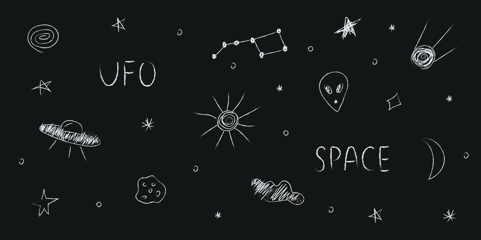 doodle cosmos ilustración ambientada en estilo infantil, clipart de diseño. elementos espaciales abstractos dibujados a mano con letras. en blanco y negro. vector