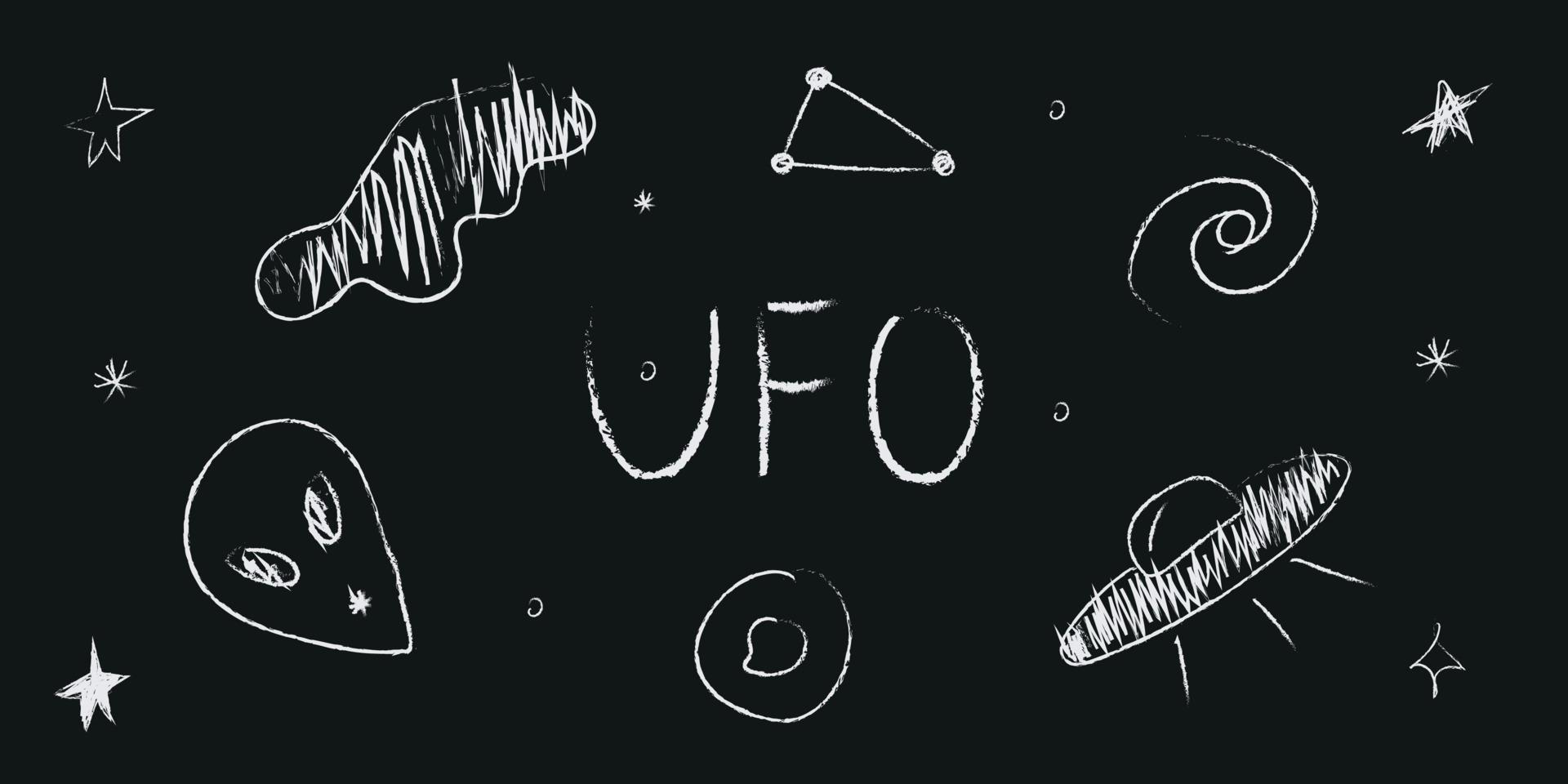 Doodle cosmos illustration set in childish style, design clipart. Hand drawn abstract space elements with lettering. Black and white. vector