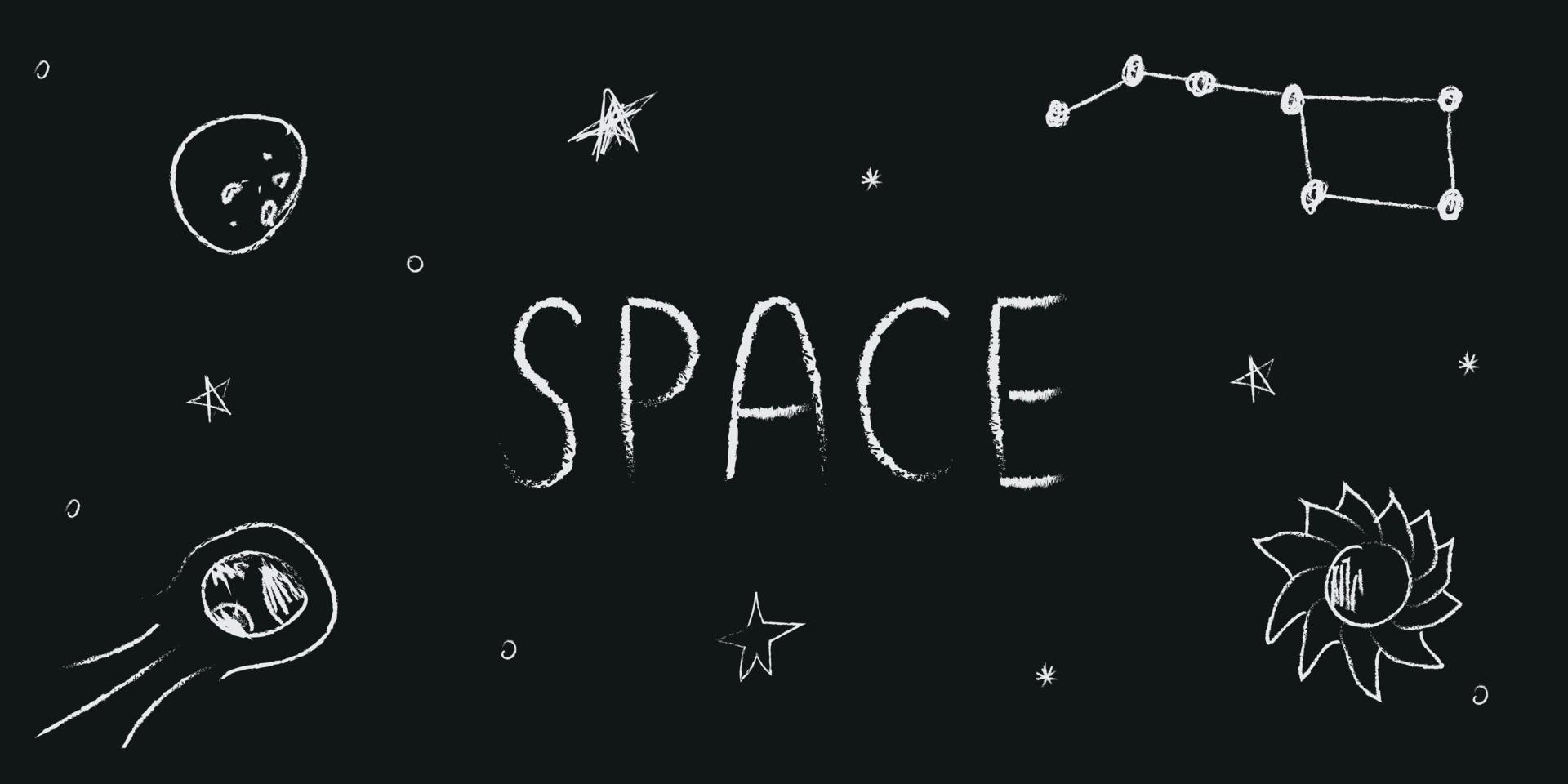 doodle cosmos ilustración ambientada en estilo infantil, clipart de diseño. elementos espaciales abstractos dibujados a mano con letras. en blanco y negro. vector