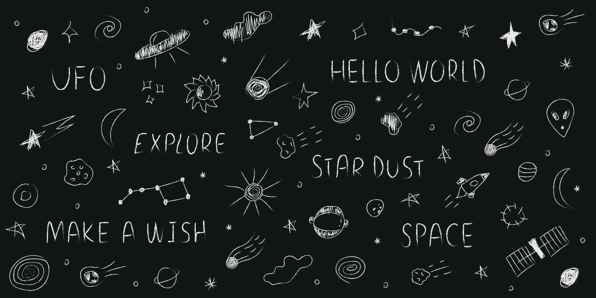 doodle cosmos ilustración ambientada en estilo infantil, clipart de diseño. elementos espaciales abstractos dibujados a mano con letras. en blanco y negro. vector