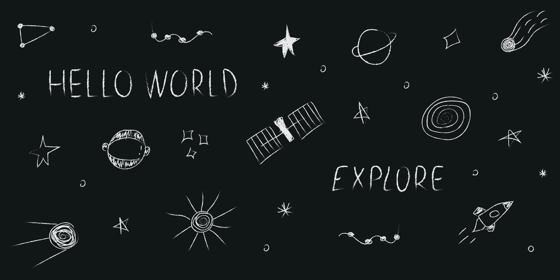 Doodle cosmos illustration set in childish style, design clipart. Hand drawn abstract space elements with lettering. Black and white. vector