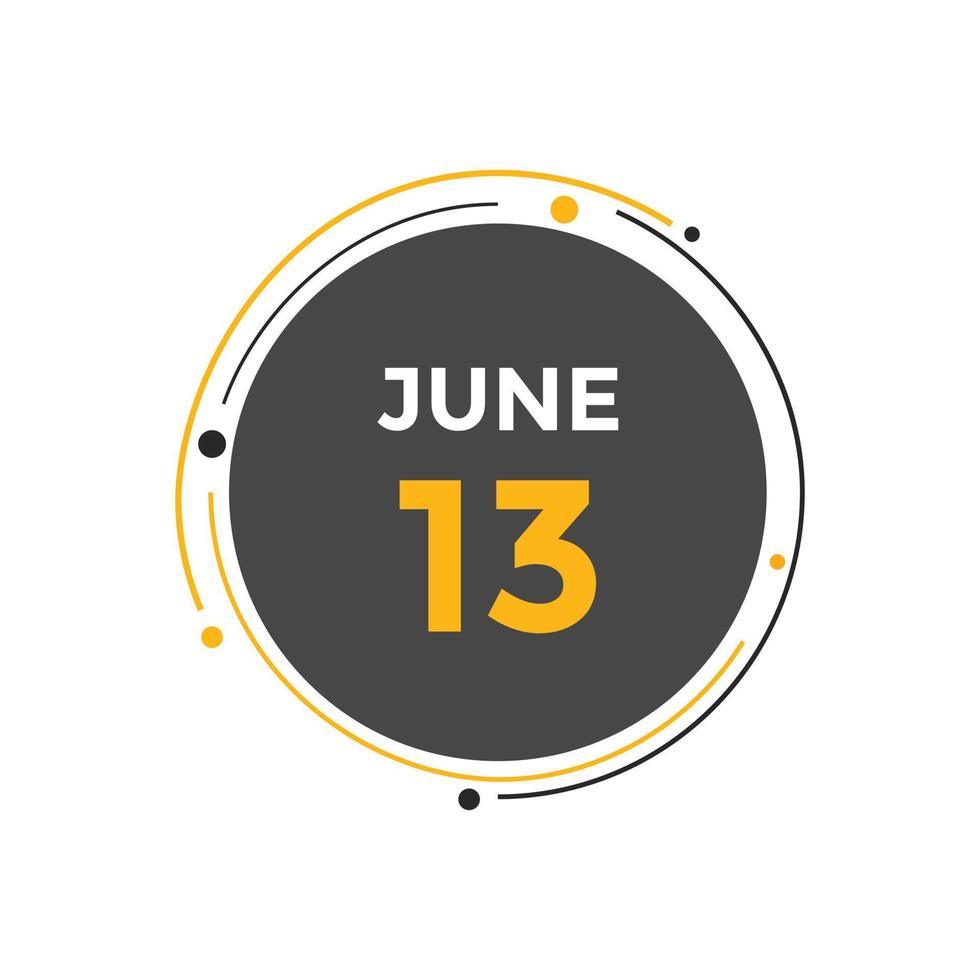 june 13 calendar reminder. 13th june daily calendar icon template. Calendar 13th june icon Design template. Vector illustration