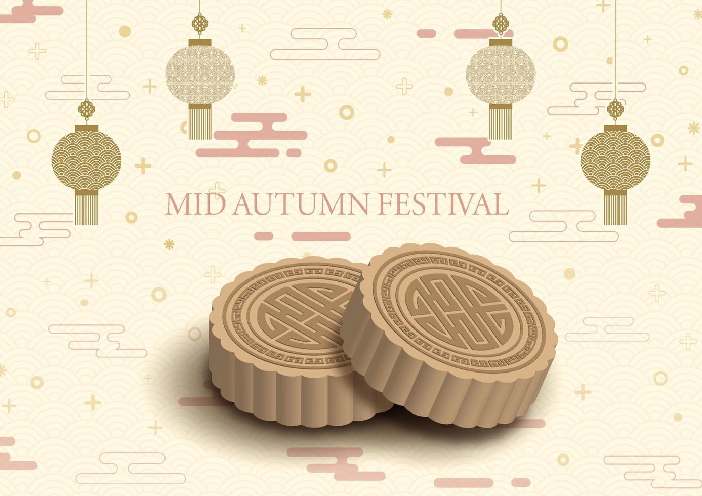 3d Moon cakes on Chinese pattern and Mid Autumn Festival lettering and wave pattern cream color background. Card and poster of Chinese Mid Autumn Festival in 3d vector and flat design.