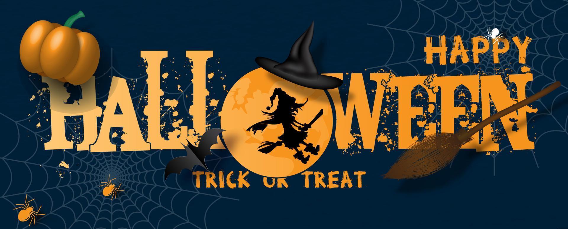 Happy Halloween letters in banner design with 3d of pumpkin and  witch broom, witch hat on web spiders and dark blue background. vector