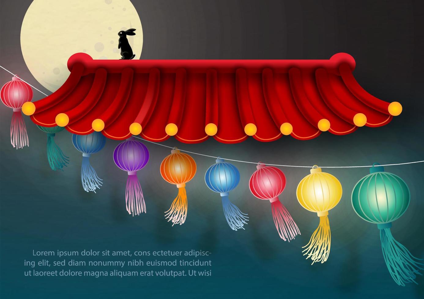 farolillos chinos de colores con silueta de conejo parado en el techo del templo chino y en luna llena con fondo nocturno. tarjeta y afiche del festival de mediados de otoño en diseño vectorial. vector