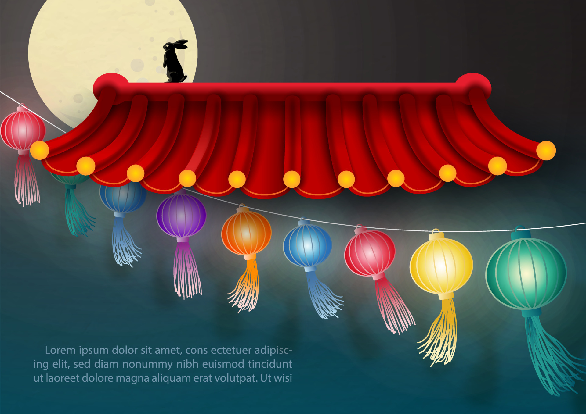Colorful Chinese lanterns with silhouette rabbit standing on Chinese temple  roof and on full moon with night time background. Card and poster of Mid  autumn festival in vector design. 11062013 Vector Art