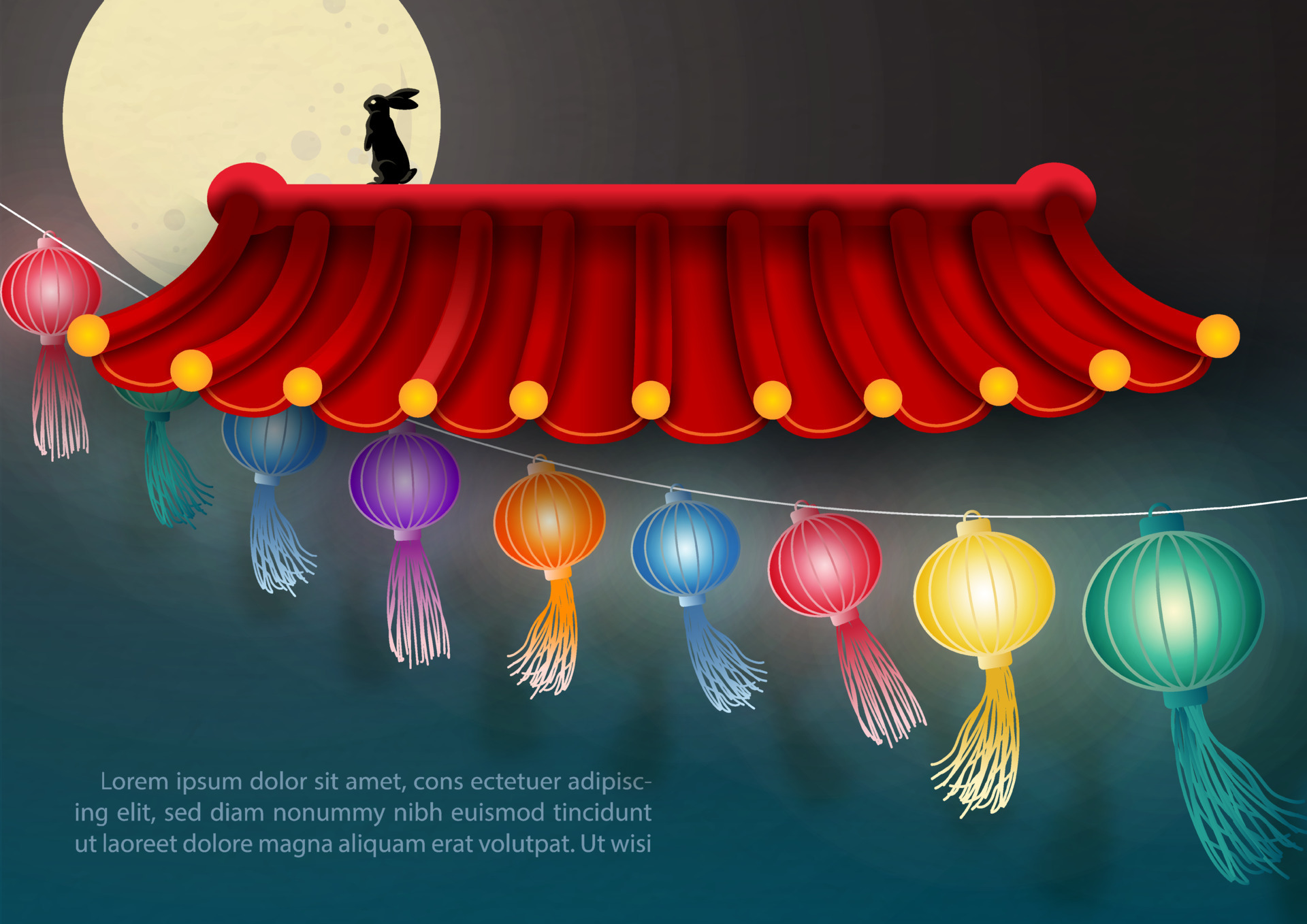Colorful Chinese lanterns with silhouette rabbit standing on