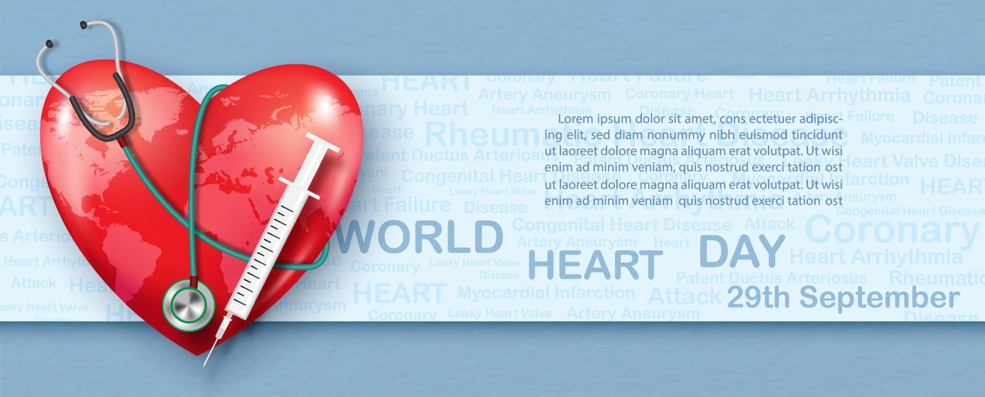 Stethoscope with syringe and wording of world heart day, example texts on 3d red heart and name of heart disease pattern and blue background. Poster campaign of World Heart day in vector design.