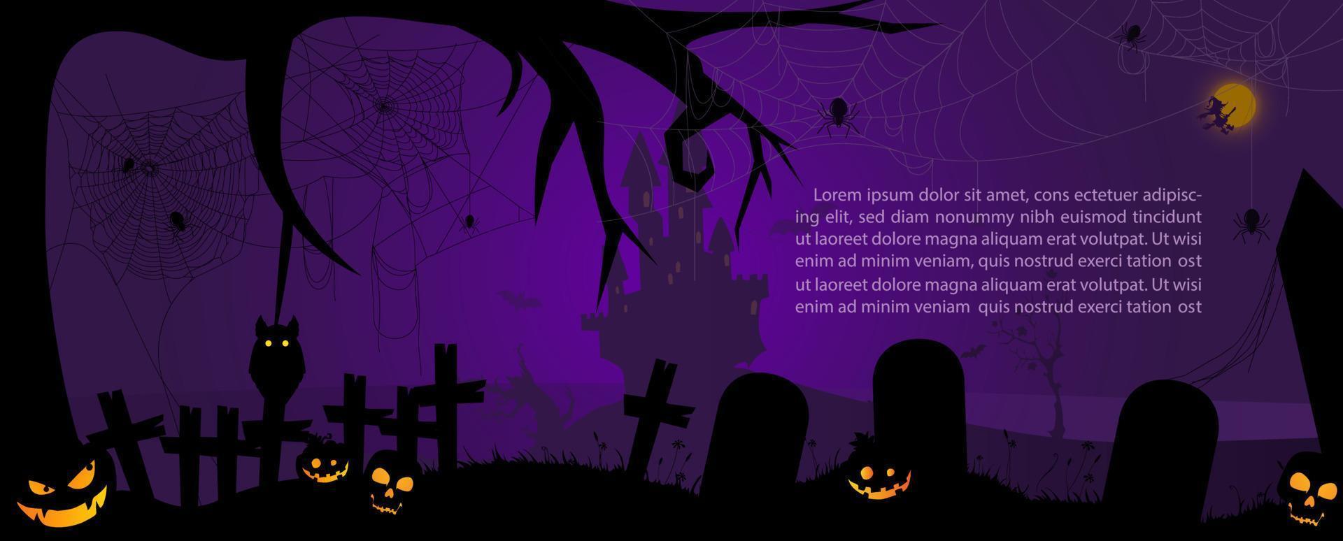 Greeting card and poster Black silhouette of Halloween day horror night scene purple background. All in flat banner style and vector design.