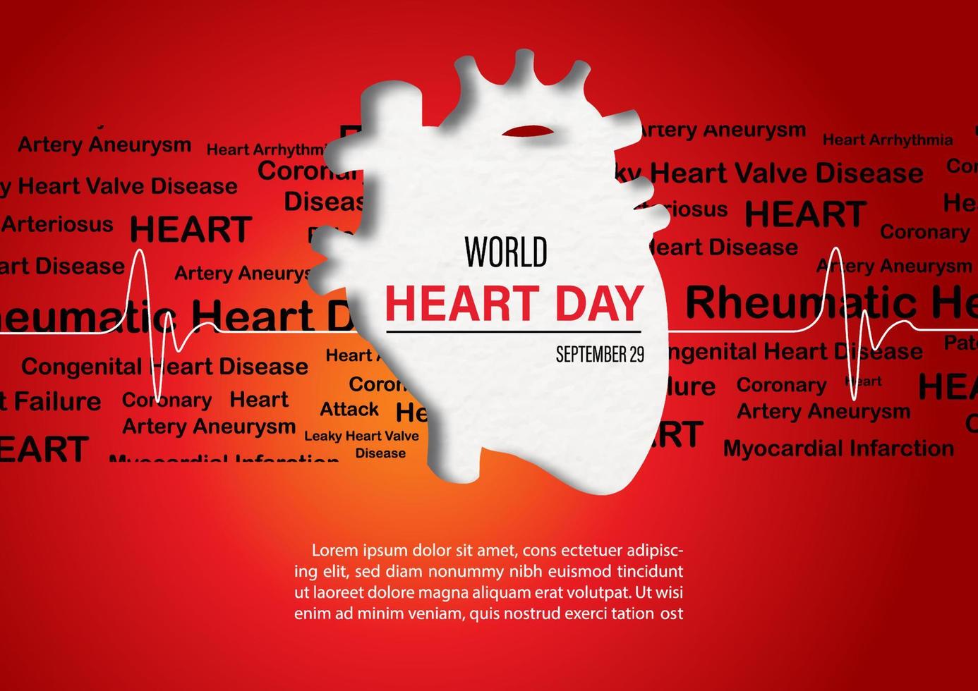 Wording of world heart day on white banner in human heart shape with example texts on name of heart disease pattern and red background. Poster campaign of world heart day in vector design.