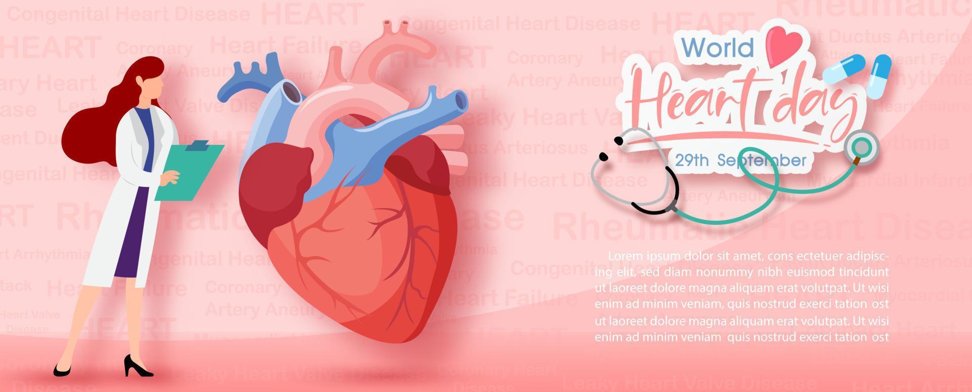 imagen de un médico en un personaje de dibujos animados revisando un corazón humano con una pancarta del día mundial del corazón y textos de ejemplo sobre el patrón de enfermedades cardíacas y el fondo rosa. campaña de afiches del día mundial del corazón en vector. vector